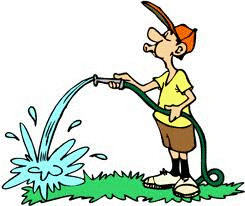 Cartoon child watering grass with hose.