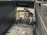 Dogs in urban training course with ladder and obstacles.